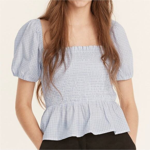 J. Crew Square-neck Smocked Gingham Crop Top M - Picture 1 of 8